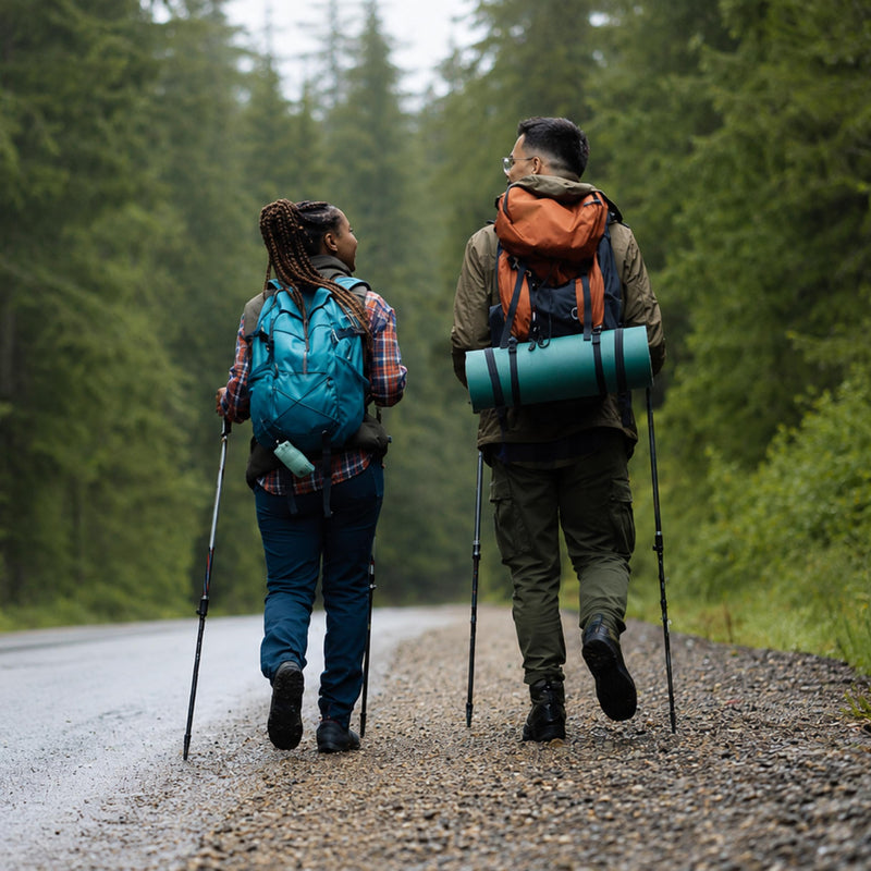 Two hikers seen from behind walking on a gravel road surrounded by a dense green forest. Both are wearing backpacks and using trekking poles.