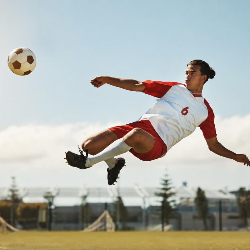 A soccer player in a red and white jersey and shorts is mid-air kicking a soccer ball on an outdoor field under a blue sky.