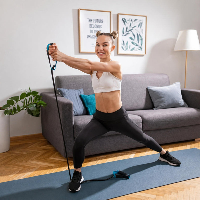 A woman in a white sports bra and black leggings performs a lunge exercise while pulling on a black resistance band with blue handles, set in a modern living room with a gray sofa and wooden floor.